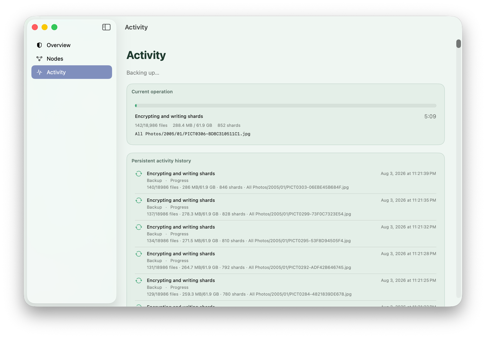 Activity stream while shards are encrypted and written across the mesh