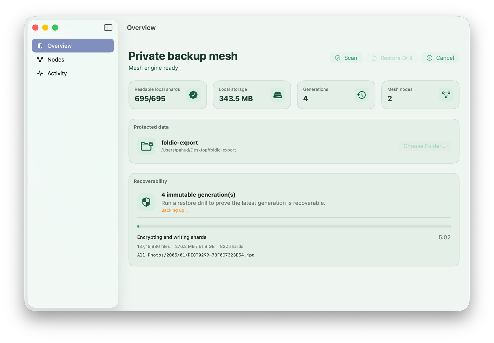 Overview during a mesh backup: 61.9 GB spreading across 2 nodes