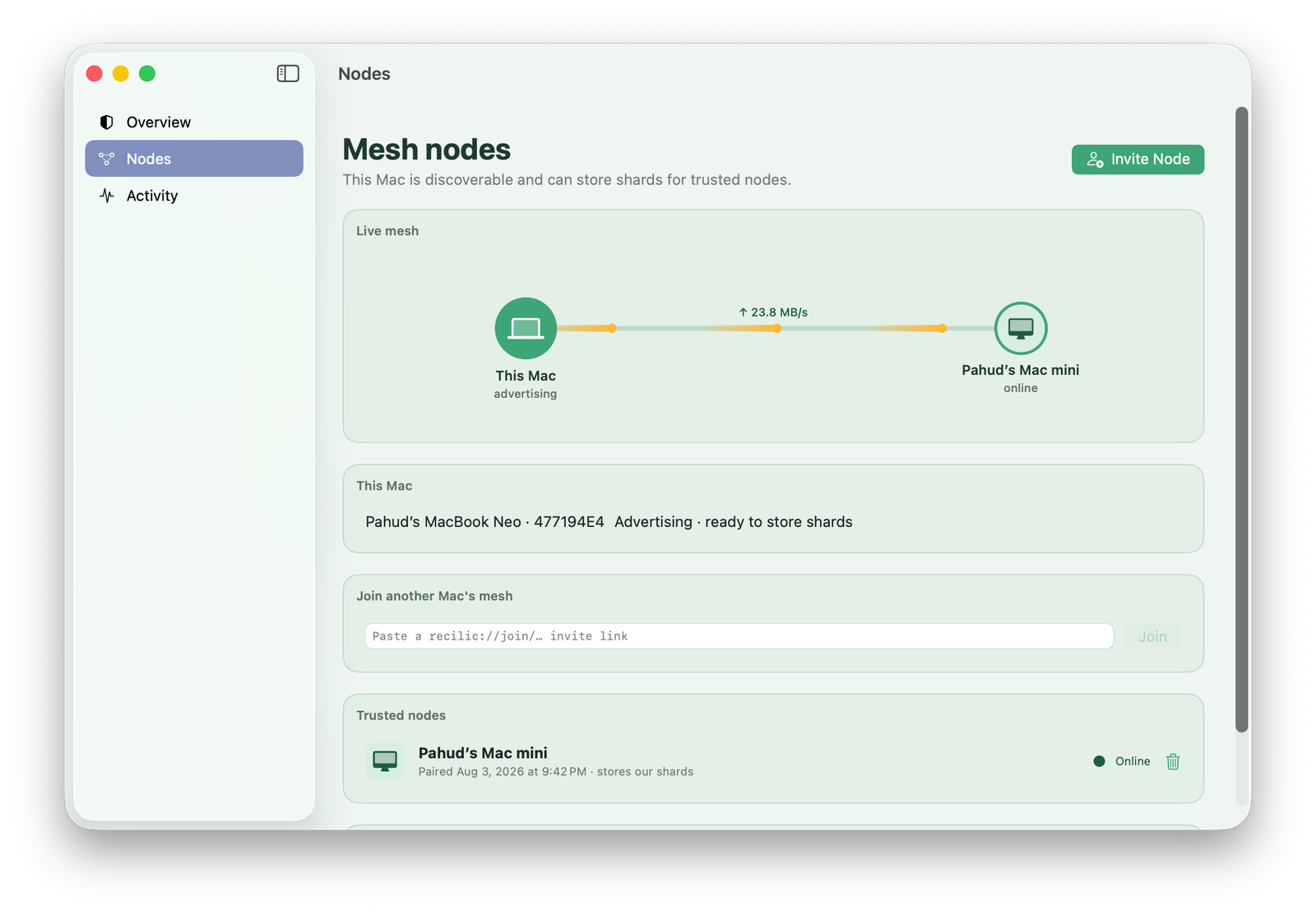 Live mesh at 23.8 MB/s between a MacBook and a Mac mini